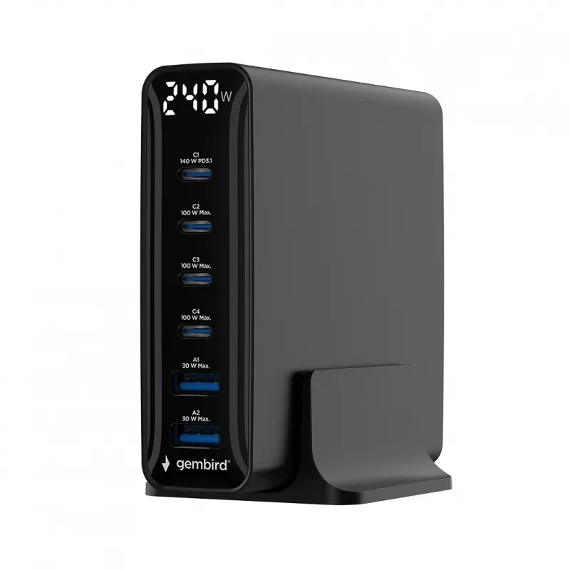 Gembird TA-UC-2A4C-PD240-01-BK 6 prievadų USB įkroviklis 240W GaN juodas