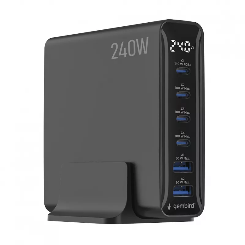 Gembird TA-UC-2A4C-PD240-01-BK 6 prievadų USB įkroviklis 240W GaN juodas