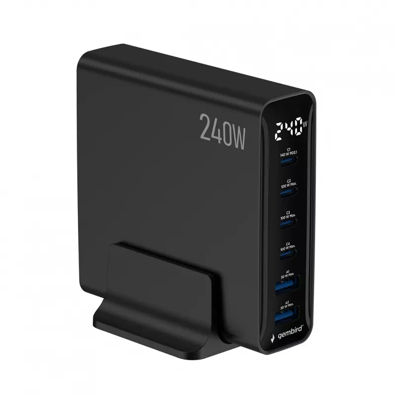 Gembird TA-UC-2A4C-PD240-01-BK 6 prievadų USB įkroviklis 240W GaN juodas