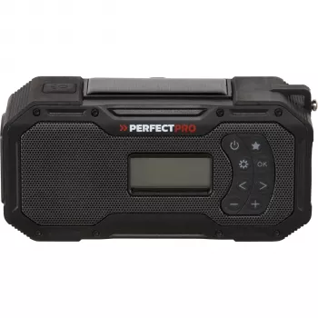 PerfectPro E-100 avarinis radijas su saulės baterija, dinaminiu krautuvu, LED žibintuvėliu, power bank, AM/FM, IPX3