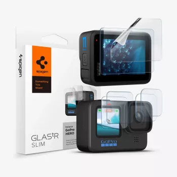 Spigen Glas.TR Slim + Film 2-Set apsauginis stiklas ir objektyvo apsauga, skirti GoPro Hero 12/11/10/9 (2 rinkiniai)