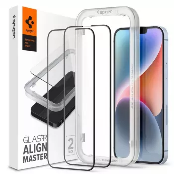 Spigen AlignMaster Glass Full Coverage Screen Protector, skirta Apple iPhone 13/13 Pro/14/16E/17E, juoda (2 vnt.)