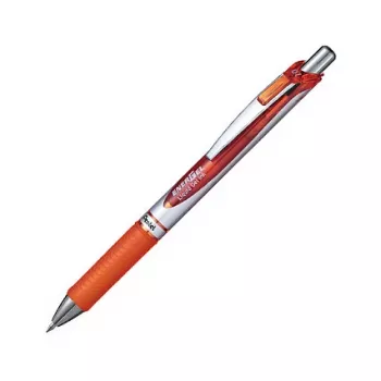 Pentel EnerGel Xm įtraukiamas gelinis rašiklis – oranžinis rašalas – 0,35 mm – sidabrinis korpusas su oranžiniais akcentais – guminė rankena – apvalus korpusas