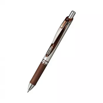 Pentel EnerGel Xm įtraukiamas gelinis rašiklis – ruda pasta, 0,35 mm, itin plonas antgalis, adatinis antgalis, plastikinis korpusas, guminė rankena, rudas korpusas, sidabrinė segtukas, apvali forma