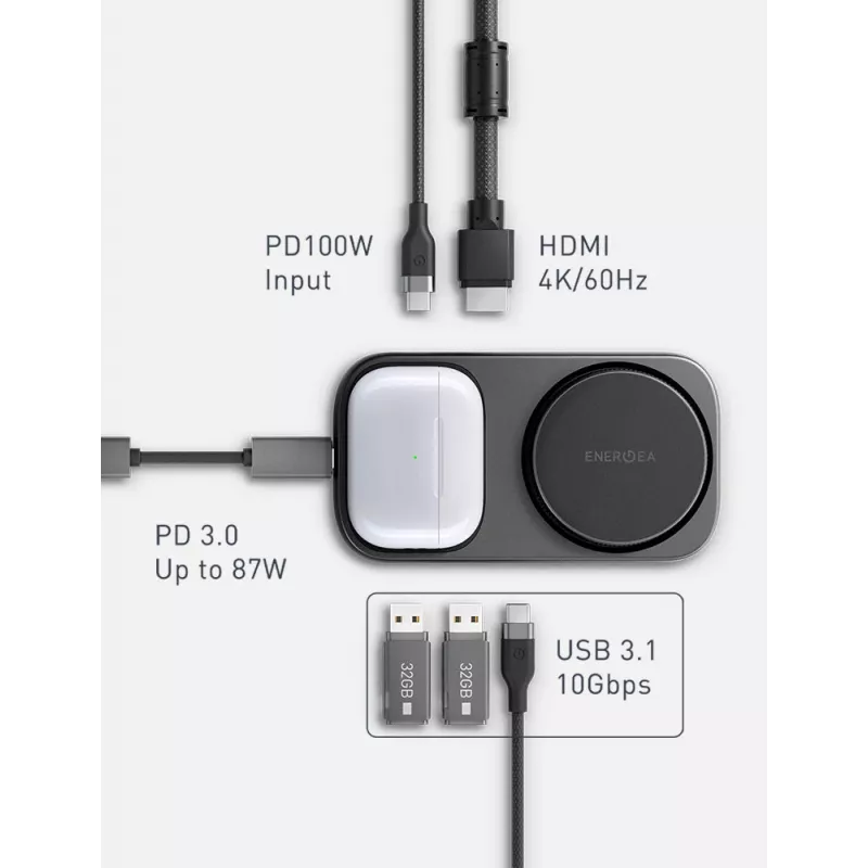 ENERGEA WiDock Plus 7-in-1 USB-C 3.1 Docking Station with Qi2 Wireless Charging, Graphite