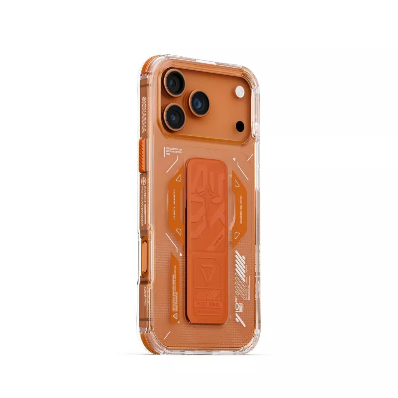 Skinarma Helio dėklas, skirtas iPhone 17 Pro Max, su magnetiniu įkrovimu ir rankenos atrama, oranžinis