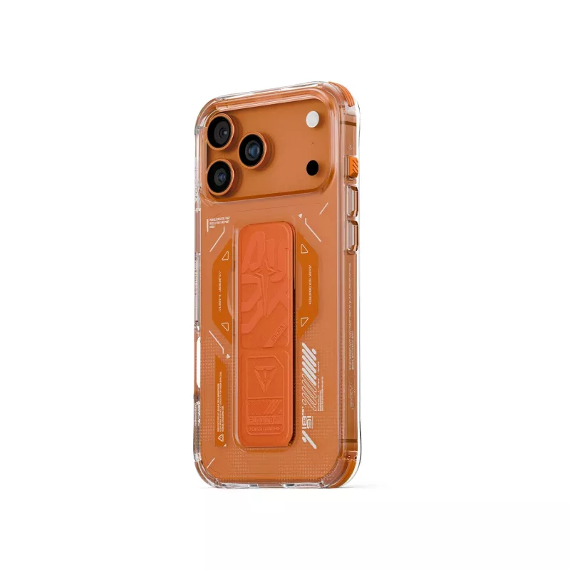 Skinarma Helio dėklas, skirtas iPhone 17 Pro Max, su magnetiniu įkrovimu ir rankenos atrama, oranžinis