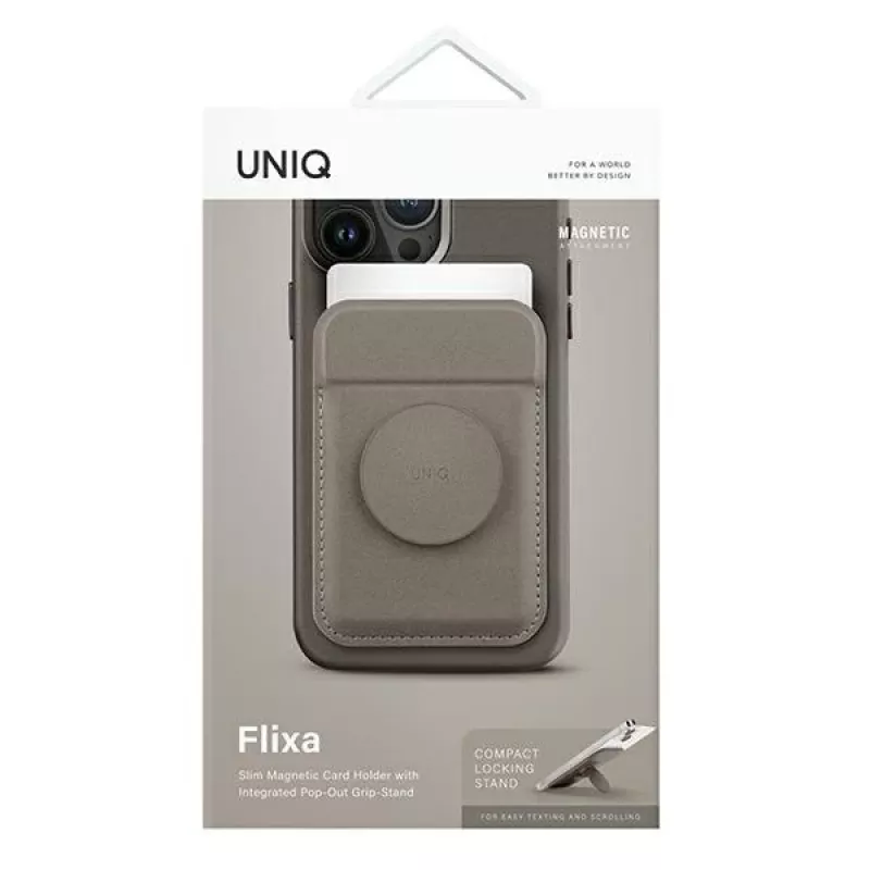 UNIQ Flixa Magnetinė Kortelių Piniginė su Pėdeliu Flint Grey MagSafe