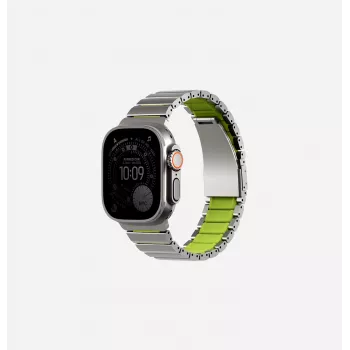 UNIQ Strova Flex Strap, skirtas Apple Watch 44/45/46/49 mm (Series 1–11, SE, Ultra) – sidabrinis-žalsvai geltonas