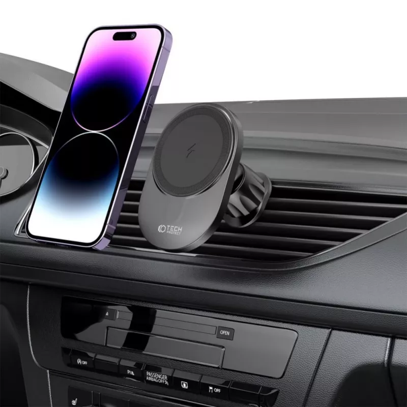 TECH-PROTECT MM15W-V1 Magnetinis MagSafe laikiklis automobiliui su belaidžiu įkrovimu 15W, juodas
