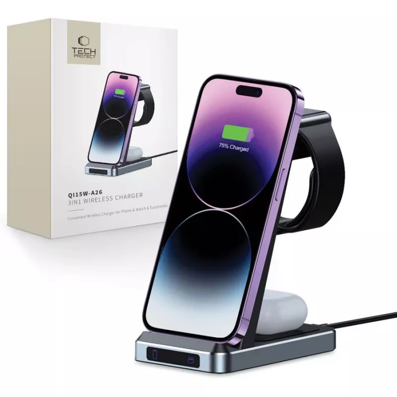 Tech-Protect QI15W-A26 3IN1 belaidė įkrovimo stotelė, juoda