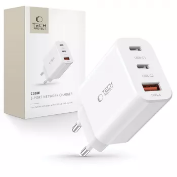 Tech-Protect NC30W 3 prievadų USB-C ir USB-A sieninis įkroviklis 30 W baltas