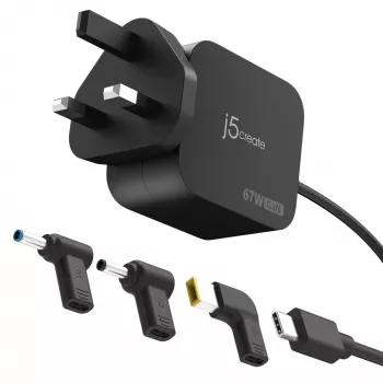 J5CREATE 67W GaN PD USB-C Mini Charger su 3 tipų DC jungtimis
