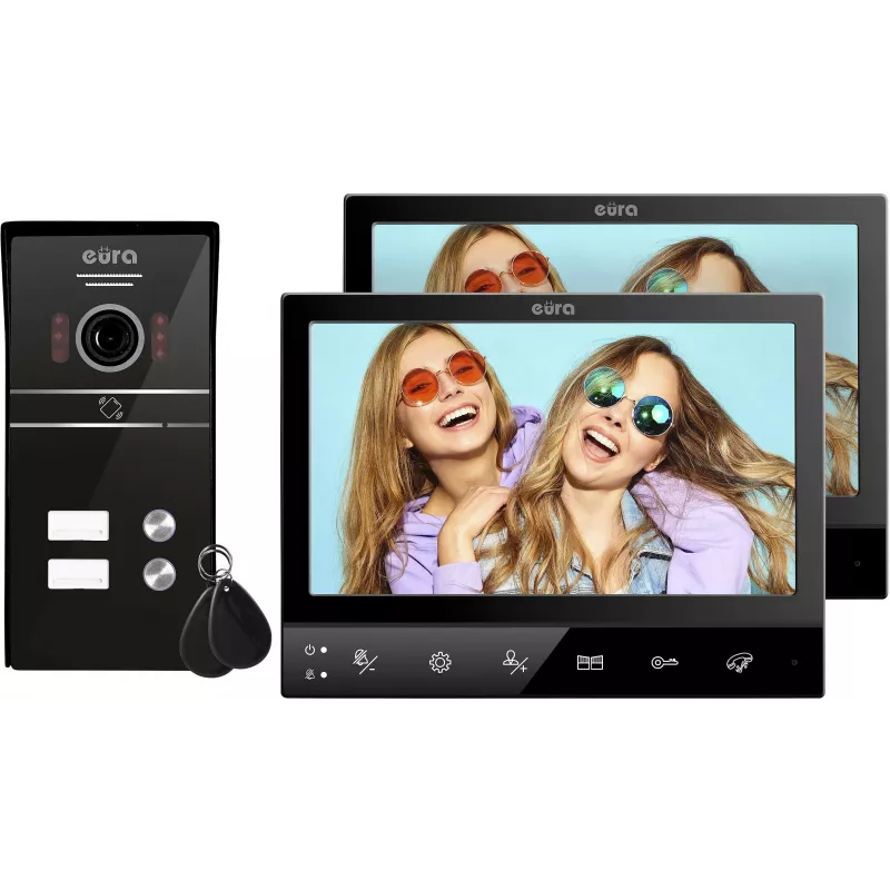 Eura VDP-80C5 Dviejų šeimų vaizdo domofono sistema, juoda, 2x 7 inch LCD, FHD, 2 įėjimai, 1080p kamera, RFID skaitytuvas, montuojama ant paviršiaus