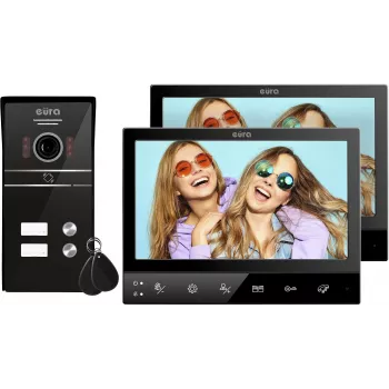 Eura VDP-80C5 Dviejų šeimų vaizdo domofono sistema, juoda, 2x 7 inch LCD, FHD, 2 įėjimai, 1080p kamera, RFID skaitytuvas, montuojama ant paviršiaus