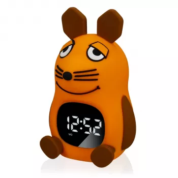 DieMaus vaikiškas žadintuvas su naktine šviesa – analoginis kvarcinis, šilta balta LED šviesa, mėlyna/oranžinė