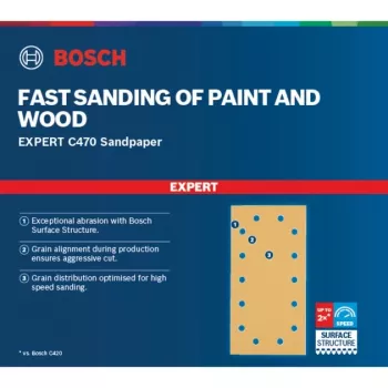 Bosch Expert C470 šlifavimo lapas, 115 x 230 mm, grūdėtumas K240 (50 vnt. pakuotė, skirta orbitiniams šlifuokliams)