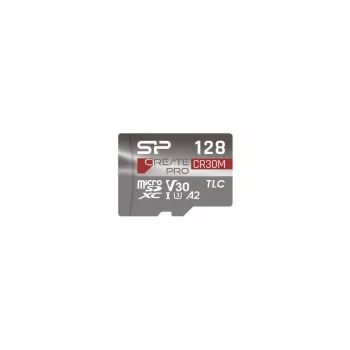 Silicon Power CreatePro CR30M 128 GB microSDXC atminties kortelė su SD adapteriu, UHS-I U3, V30, A2, 10 klasė, iki 160 MB/s skaitymas