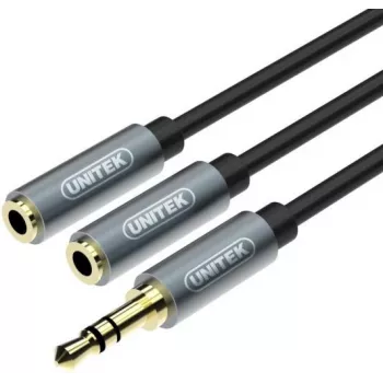 UNITEK Y-C956ABK 3,5 mm lizdo skirstytuvas – garso adapterio laidas (vyriškas kištukas į 2× moteriškus lizdus), juodas