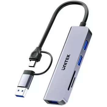 UNITEK 5-in-1 USB-C Hub su SD ir „MicroSD“ kortelių skaitytuvu, 5 Gbps, kosminė pilka