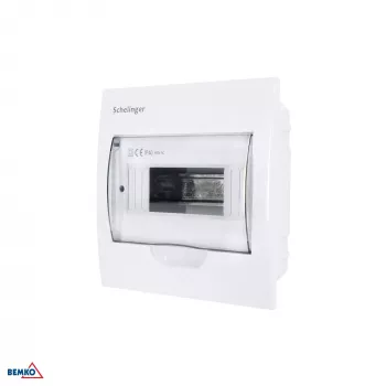 SCHELINGER A80-RDP-IP40-NPE-08P Įleidžiamasis skirstomasis skydas IP40, 8 moduliai, 1 eilė, 8N+8PE gnybtai, permatomos durelės, baltas
