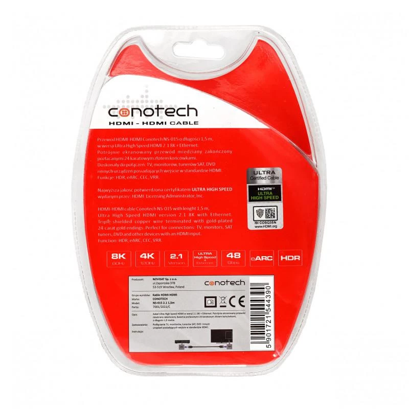 CONOTECH NS-015 2.1 8K HDMI kabelis 1,5 m Ultra High Speed 48Gbps juodas