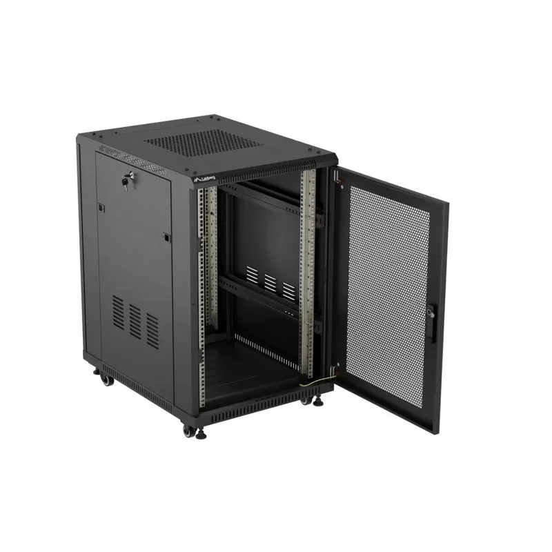 Lanberg 19 colių 18U 600x800 mm juodas grindinis stelažas su perforuotomis durimis (plokščias paketas)