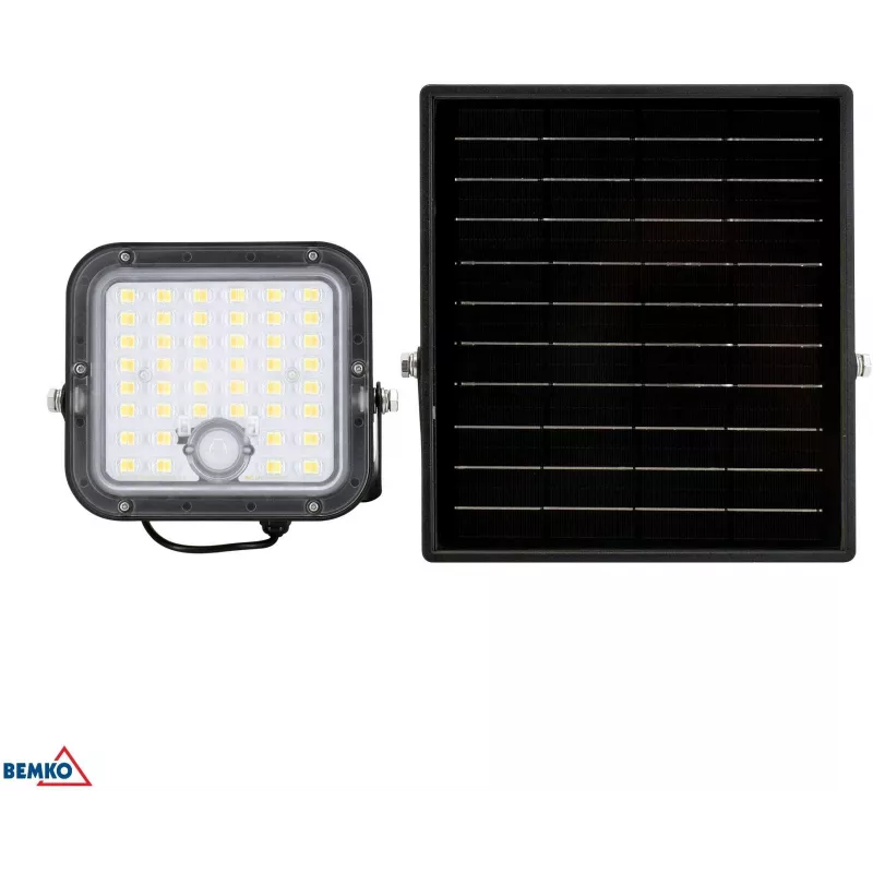 BEMKO SOLPAR 10W 1500lm 3000/4000K IP65 juodas saulės energijos LED prožektorius su PIR jutikliu