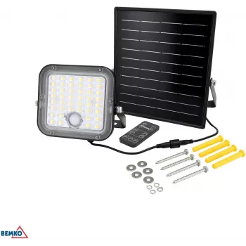 BEMKO SOLPAR 10W 1500lm 3000/4000K IP65 juodas saulės energijos LED prožektorius su PIR jutikliu