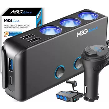 MBG Line HC67C Dvigubas cigarečių degiklio lizdo skirstytuvas su 3 USB-A prievadais, 120W, juodas
