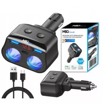 MBG Line HC69PD 3 krypčių automobilinis kištukinis skirstytuvas su 2x USB-C PD 30W ir 2x USB-A QC 3.0, LED įtampos indikatoriumi, 180W