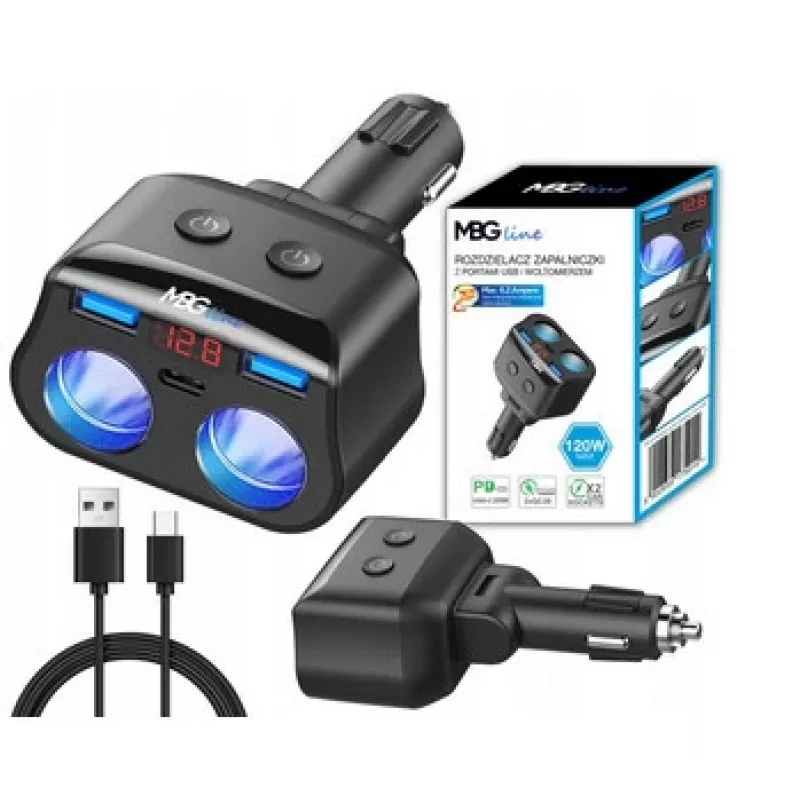 MBG Line HC69PD 3 krypčių automobilinis kištukinis skirstytuvas su 2x USB-C PD 30W ir 2x USB-A QC 3.0, LED įtampos indikatoriumi, 180W