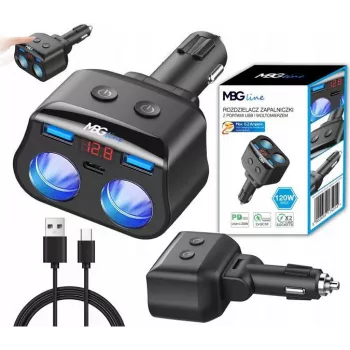 MBG Line HC69PD 3 krypčių automobilinis kištukinis skirstytuvas su 2x USB-C PD 30W ir 2x USB-A QC 3.0, LED įtampos indikatoriumi, 180W