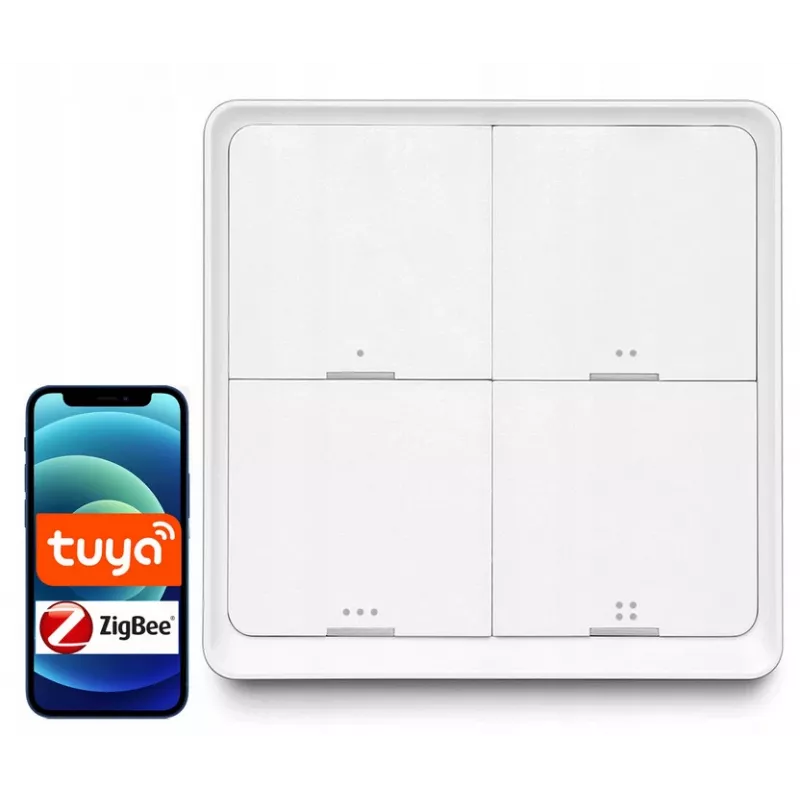 LUXURY-GOODS SC04 ZigBee TUYA belaidis sceninis jungiklis – 4 mygtukai, 12 scenų, baltas