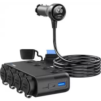 Automobilinis maitinimo skirstytuvas MBG Line HS75AD su 2 cigarečių degtukų lizdais ir 3 USB prievadais, 75 cm kabeliu, juodas