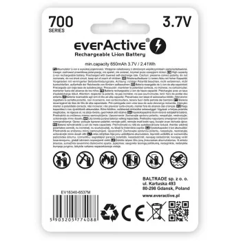 EVERACTIVE 16340 3.7V 700mAh Įkraunama Ličio jonų baterija su apsaugos grandine (1 vnt.)
