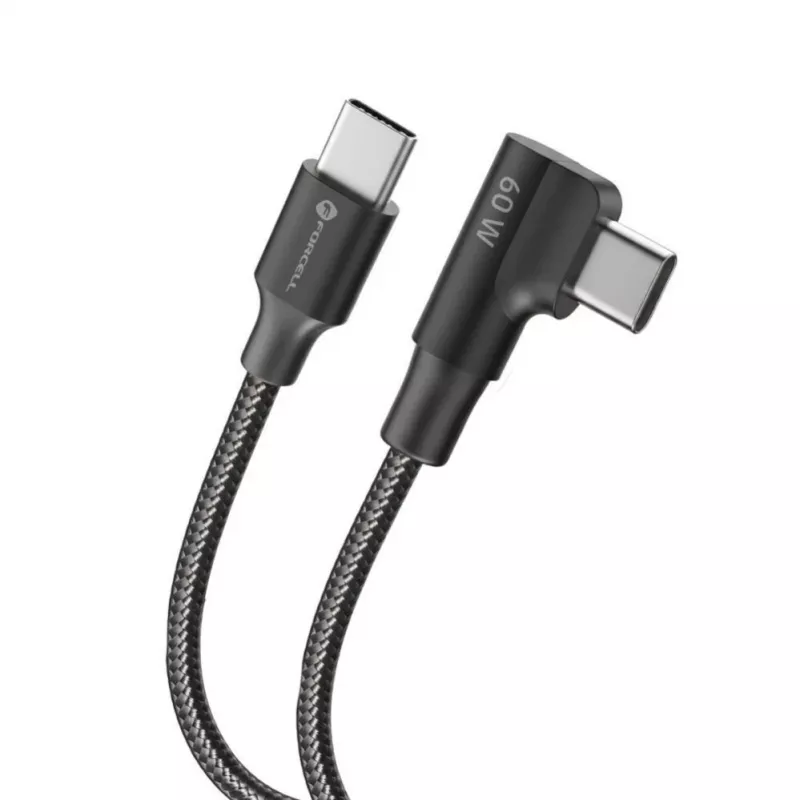 Forcell F-Energy CC-1Deg USB-C į USB-C laidas, 100W PD QC4.0 5A, 2m, juodas, 90° kampu