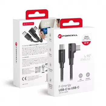 Forcell F-Energy CC-1Deg USB-C į USB-C laidas, 100W PD QC4.0 5A, 2m, juodas, 90° kampu