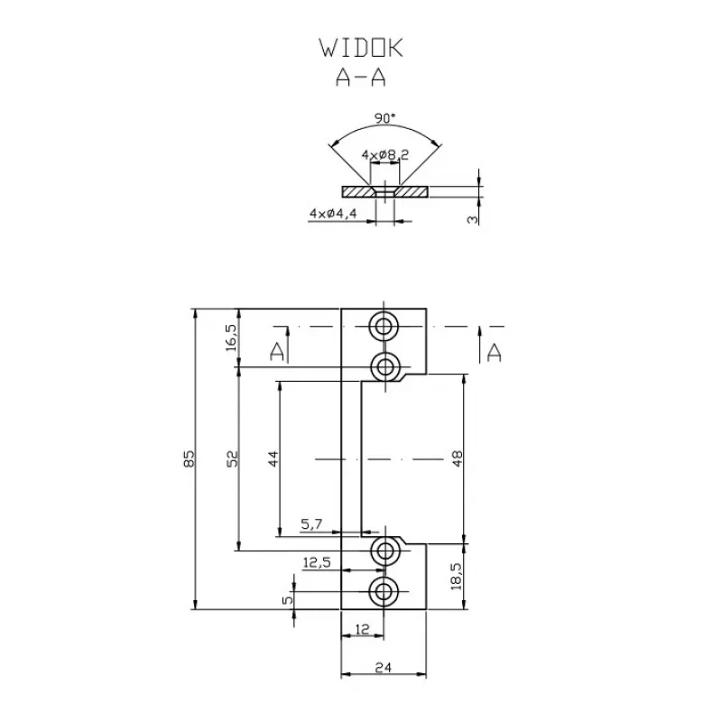 HARTTE OK-P1 Trumpas tvirtinimo plokščiasis strypas, S, 3mm, STC, atviras
