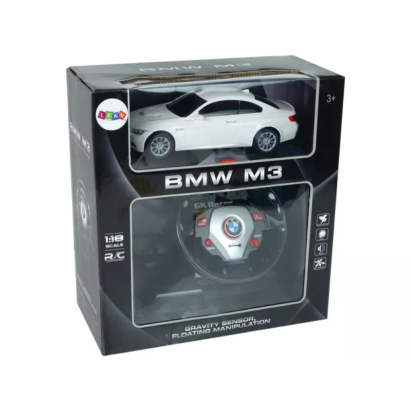 LEAN TOYS BMW M3 baltas nuotoliniu valdymu 2.4G vairo pultas 1:18 garsas šviesos