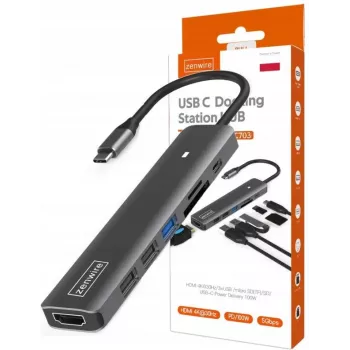 ZENWIRE BS-HC703 USB-C 7-in-1 Hub Adapter with HDMI 4K, USB 3.0, SD Card Reader, Power Delivery 100W, Space Gray