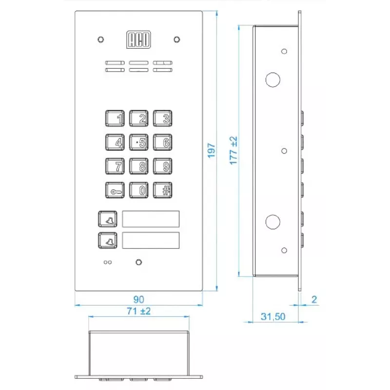 ACO FAM-P-2NPZSACC 2-jų šeimų įleidžiamas lauko skambučio skydelis su RFID skaitytuvu ir koduote, sidabrinis