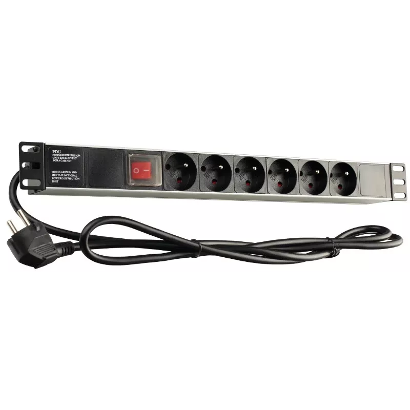 GETFORT LGF-06-Z 19 colių 1U 6 lizdų Schuko maitinimo paskirstymo blokas (PDU) - 1,8 m kabelis, 16 A, 230 V, juodas