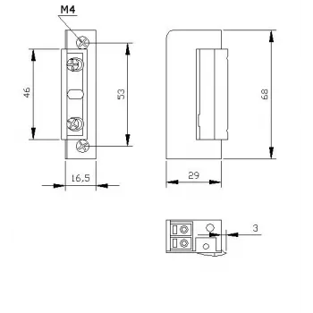 ELEKTRA-PLUS R5-12.20 elektrinis durų užraktas, siauras 16,5 mm, simetriškas, fail-secure, 10-24 V AC/DC