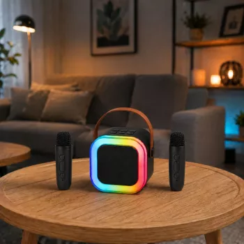 LEAN karaoke rinkinys su Bluetooth garsiakalbiu, dviem mikrofonais ir LED lemputėmis, juodas