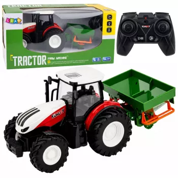LEAN TOYS RC nuotoliniu valdymu valdomas žemės ūkio traktorius su sėjamąja ir šviesomis raudonas 1:24