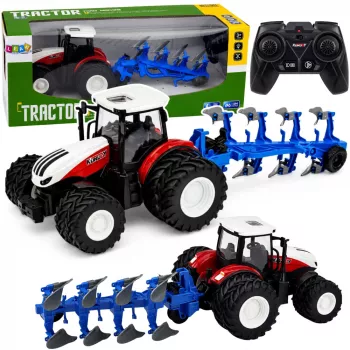 LEAN TOYS RC nuotoliniu valdymu žemės ūkio traktorius su dviejų vagų plūgu raudonas 1:24