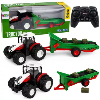 LEAN TOYS nuotolinio valdymo žemės ūkio traktorius su konvejerio juosta, šiaudų rulonais ir LED žibintais, mastelis 1:24