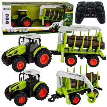 LEAN TOYS RC nuotoliniu valdymu valdomas traktorius su miško priekaba ir medienos griebtuvu 1:24