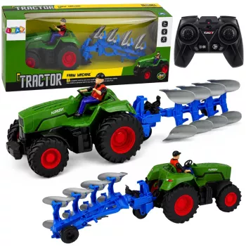 LEAN TOYS RC Tractor with Plow and Farmer Remote Controlled Lights Green 1:24